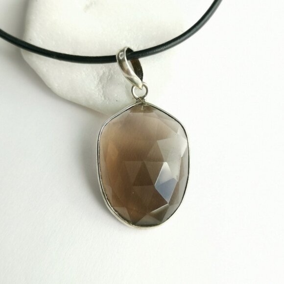 Modernist sterling silver freeform Smokey Topaz Smoky Quartz Pendant - Picture 1 of 10